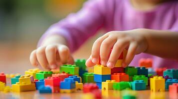 un' giovane del bambino mani giocando con di colorato edificio blocchi foto