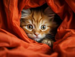 adorabile gattino sbirciando su a partire dal dietro a un' tenda ai generativo foto