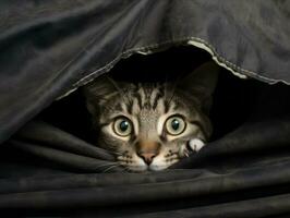 adorabile gattino sbirciando su a partire dal dietro a un' tenda ai generativo foto