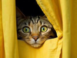 adorabile gattino sbirciando su a partire dal dietro a un' tenda ai generativo foto