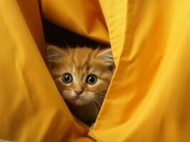 adorabile gattino sbirciando su a partire dal dietro a un' tenda ai generativo foto