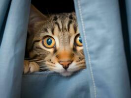 adorabile gattino sbirciando su a partire dal dietro a un' tenda ai generativo foto