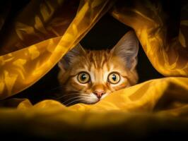 adorabile gattino sbirciando su a partire dal dietro a un' tenda ai generativo foto