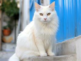 maestoso gatto con Impressionante blu occhi seduta regalmente su un' scala ai generativo foto