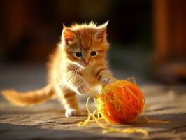 malizioso gattino scherzosamente schiacciando a un' penzoloni giocattolo ai generativo foto