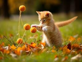 malizioso gattino scherzosamente schiacciando a un' penzoloni giocattolo ai generativo foto