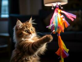 malizioso gattino scherzosamente schiacciando a un' penzoloni giocattolo ai generativo foto