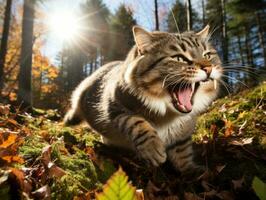 giocoso gatto batting a caduta autunno le foglie nel un' illuminata dal sole giardino ai generativo foto