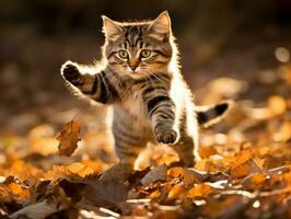 giocoso gatto batting a caduta autunno le foglie nel un' illuminata dal sole giardino ai generativo foto