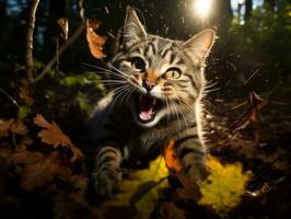 giocoso gatto batting a caduta autunno le foglie nel un' illuminata dal sole giardino ai generativo foto