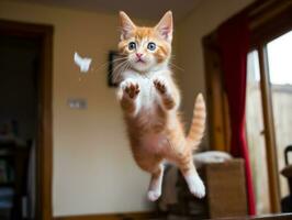 giocoso felino saltare attraverso il aria nel ricerca di un' piuma giocattolo ai generativo foto