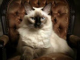 regale siamese gatto poste su un' lussuoso velluto sedia ai generativo foto
