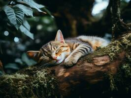 sereno gatto riposo su un' albero ramo circondato di lussureggiante fogliame ai generativ foto