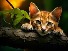 sereno gatto riposo su un' albero ramo circondato di lussureggiante fogliame ai generativ foto