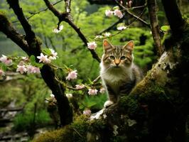 sereno gatto riposo su un' albero ramo circondato di lussureggiante fogliame ai generativ foto