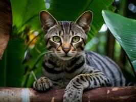 sereno gatto riposo su un' albero ramo circondato di lussureggiante fogliame ai generativ foto