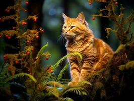 sereno gatto riposo su un' albero ramo circondato di lussureggiante fogliame ai generativo foto