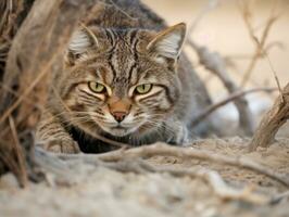 furtivo gatto lo stalking attraverso alto erba con suo occhi fisso su preda ai generativo foto