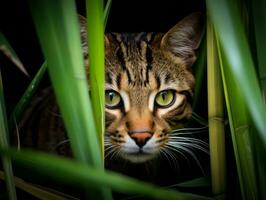 furtivo gatto lo stalking attraverso alto erba con suo occhi fisso su preda ai generativo foto