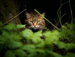 furtivo gatto lo stalking attraverso alto erba con suo occhi fisso su preda ai generativo foto