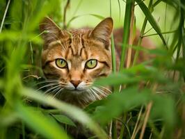 furtivo gatto lo stalking con suo occhi fisso su preda ai generativo foto