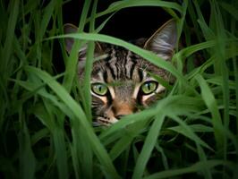 furtivo gatto lo stalking con suo occhi fisso su preda ai generativo foto