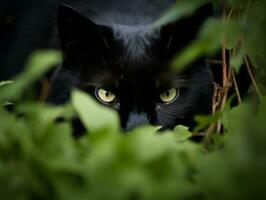furtivo gatto lo stalking con suo occhi fisso su preda ai generativo foto