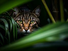 furtivo gatto lo stalking con suo occhi fisso su preda ai generativo foto