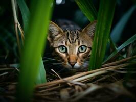 furtivo gatto lo stalking con suo occhi fisso su preda ai generativo foto