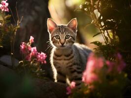 gatto con un' sereno e meditativo Guarda incorniciato di un' tranquillo giardino fondale ai generativo foto