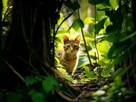 gatto con un' sereno e meditativo Guarda incorniciato di un' tranquillo giardino fondale ai generativo foto