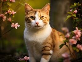 gatto con un' sereno e meditativo Guarda incorniciato di un' tranquillo giardino fondale ai generativo foto