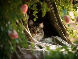 gatto con un' sereno e meditativo Guarda incorniciato di un' tranquillo giardino fondale ai generativo foto