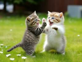 paio di giocoso gattini impegnato nel un' amichevole lotta incontro ai generativo foto