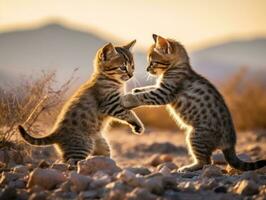 paio di giocoso gattini impegnato nel un' amichevole lotta incontro ai generativo foto