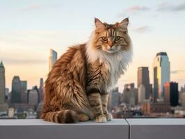 elegante gatto arroccato su un' tetto contro il città orizzonte ai generativo foto