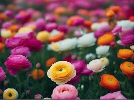 morbido rosa ranuncolo fiori in crescita selvaggio nel un' campo di fiori un' vicino su di un' rosa ranuncolo nel un' sfocato campo ai-generato foto