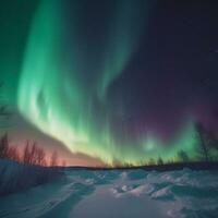 naturale condizioni con pino foreste. il mare nel Ghiaccio, neve e bufere di neve. artico inverno nevoso paesaggio. settentrionale luci aurora Borealis lampeggia nel drammatico notte cielo ai-generato foto