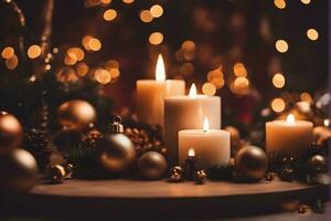 Natale candela regalo scatola, albero, capsula, e decorazione su nero sfondo. alto qualità foto ai-generato