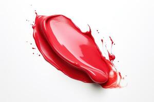 rosso rossetto sbavare. campione di un' rosso rossetto sbavatura su un' bianca sfondo. cremoso trucco struttura. un' campione di un' luminosa rosso cosmetico Prodotto pennellata. spazzola ictus scorrere. astratto. ai generato foto