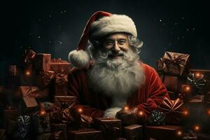 ai generativo Natale bandiera con copia spazio per testo, Santa Claus celebrare con confezioni regalo, abete albero rami e rosso ornamenti, buio colore sfondo foto