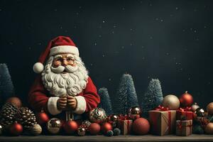 ai generativo Natale bandiera con copia spazio per testo, Santa Claus celebrare con confezioni regalo, abete albero rami e rosso ornamenti, buio colore sfondo foto