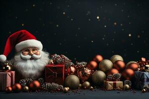 ai generativo Natale bandiera con copia spazio per testo, Santa Claus celebrare con confezioni regalo, abete albero rami e rosso ornamenti, buio colore sfondo foto