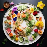 salutare prima colazione con cetriolo, avocado, e ravanello. decorato con fiori. - ai generato foto