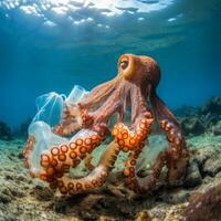 polpo primi piani plastica inquinamento incollato per suo tentacoli - ai generato foto