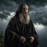 anziano sacerdote sotto tempestoso cieli - ai generato foto