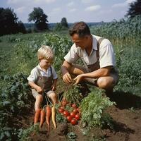 raccolta verdure contento famiglia - ai generato foto