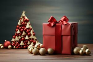 ai generativo sfondo di Natale albero e rosso regalo scatola su un' Natale vuoto sfondo con copia spazio foto