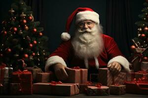 ai generativo Natale bandiera con copia spazio per testo, Santa Claus celebrare con confezioni regalo, abete albero rami e rosso ornamenti, buio colore sfondo foto