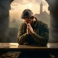 giovane uomo nel silenzioso preghiera nel Chiesa - ai generato foto